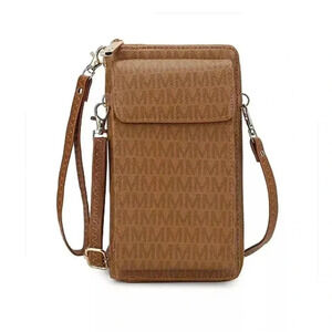 MKF Collection Phone Wallet Crossbody Bag Tan “M” Logo Faux Leather EUC